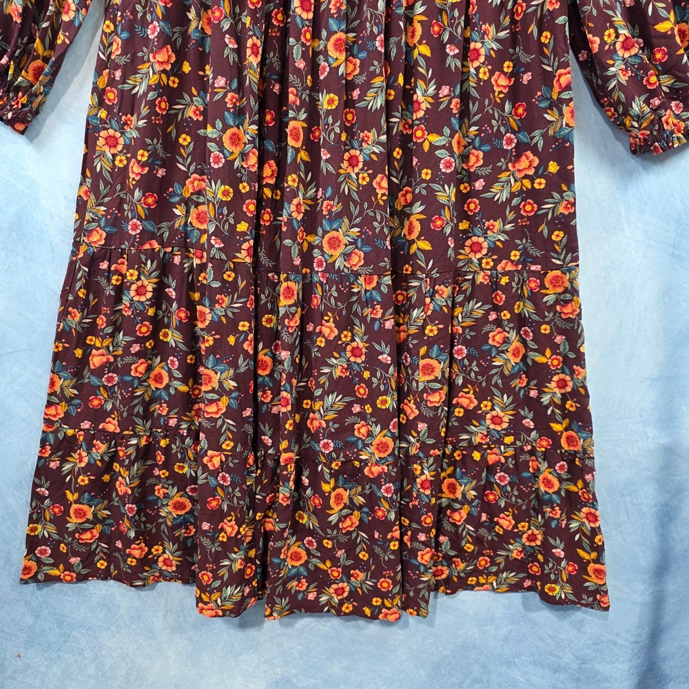 Old Navy Womens Floral Tiered Midi Dress Burgundy Long Sleeve Maroon Size M - Picture 3 of 9